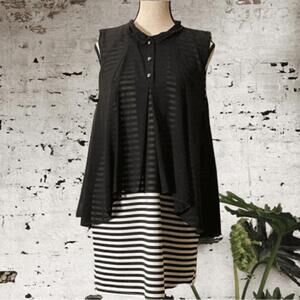 LAVENA- black & white stripe sleeveless dress with sheer black swing overlay